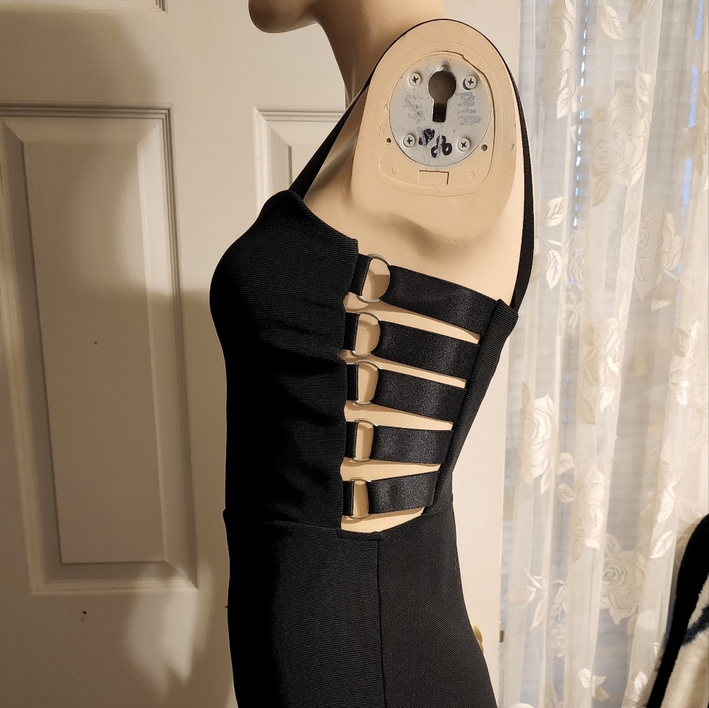 Express black mini bodycon dress with harness loop cut outs